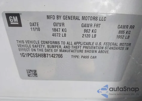 2011 Chevrolet Cruze Ls z USA, uszkodzony, nr VIN 1G1PC5SH8B7142766